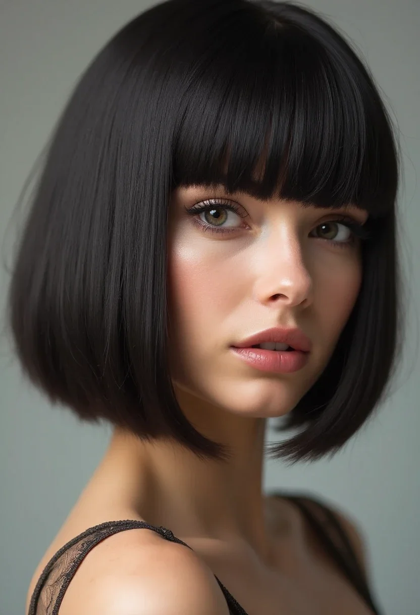 Woman with a bob hairstyle and bangs