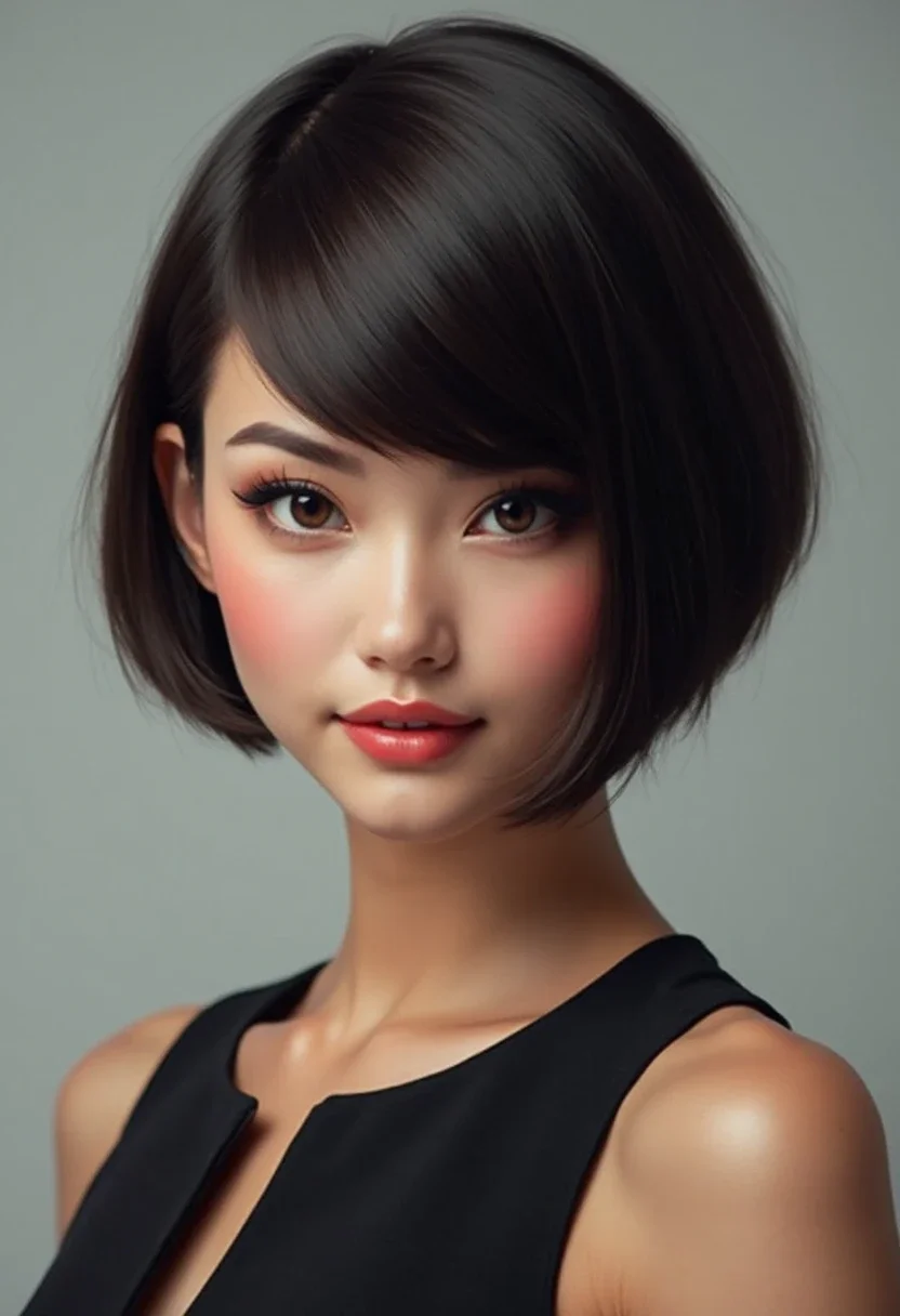 Sleek lob on a woman with a round face.