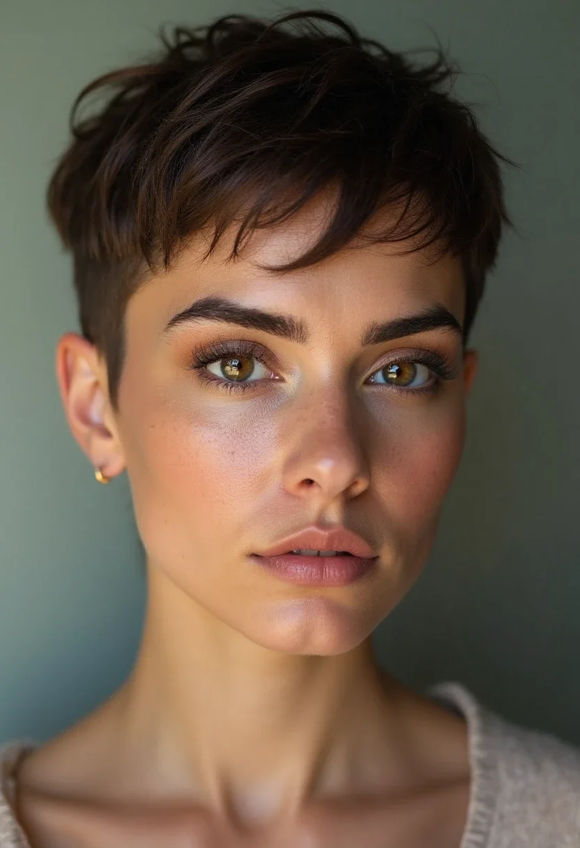 Short undercut hairstyle on a round-faced woman.
