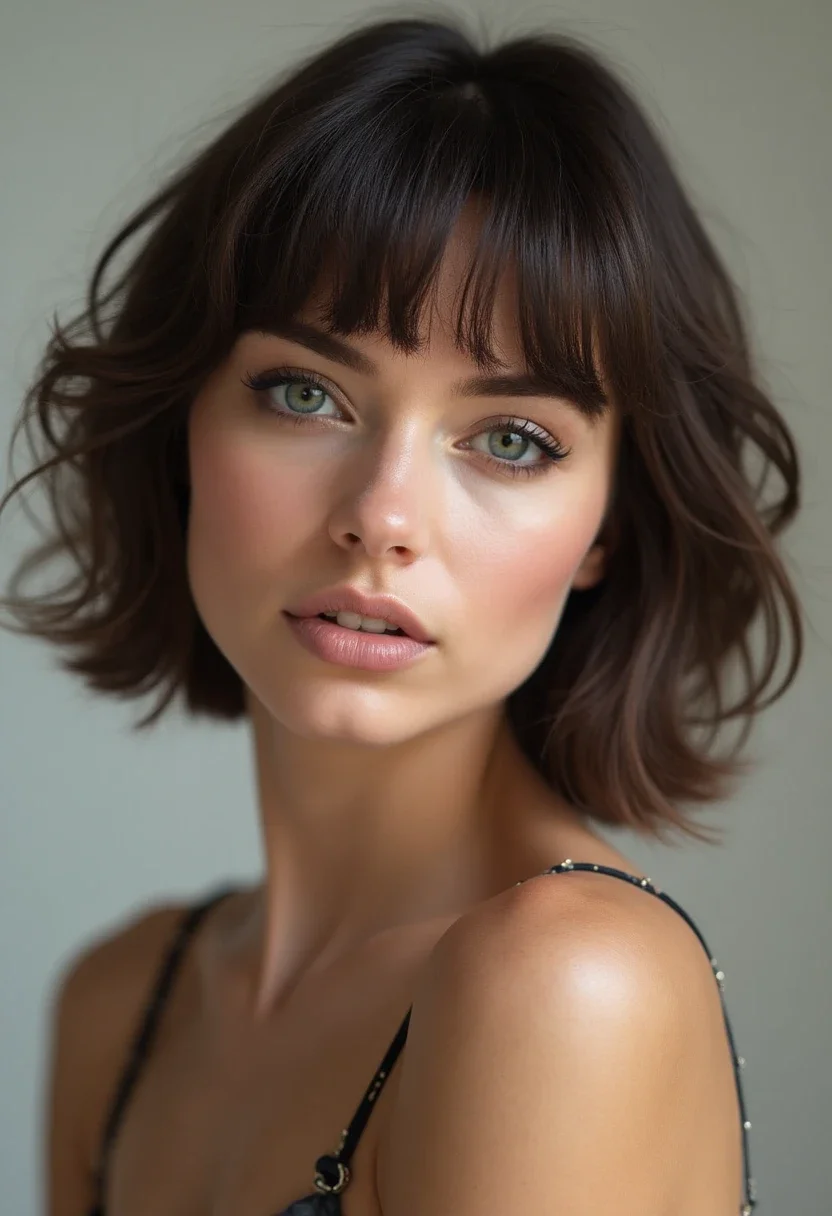 Layered bob hairstyle on a woman with a round face.