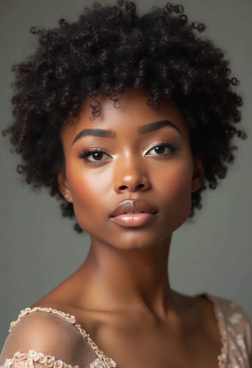 Textured crop hairstyle on a woman with a round face.