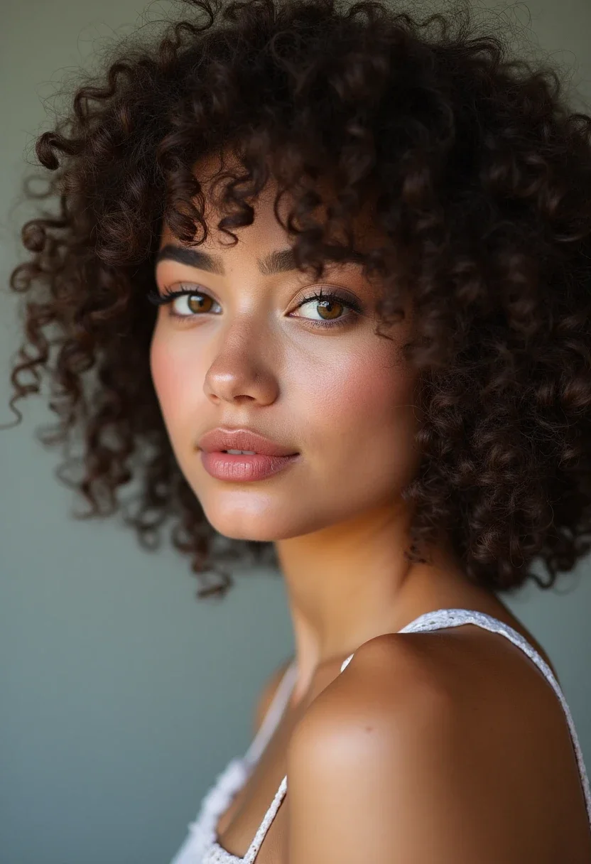 Curly bob hairstyle on a round-faced woman.