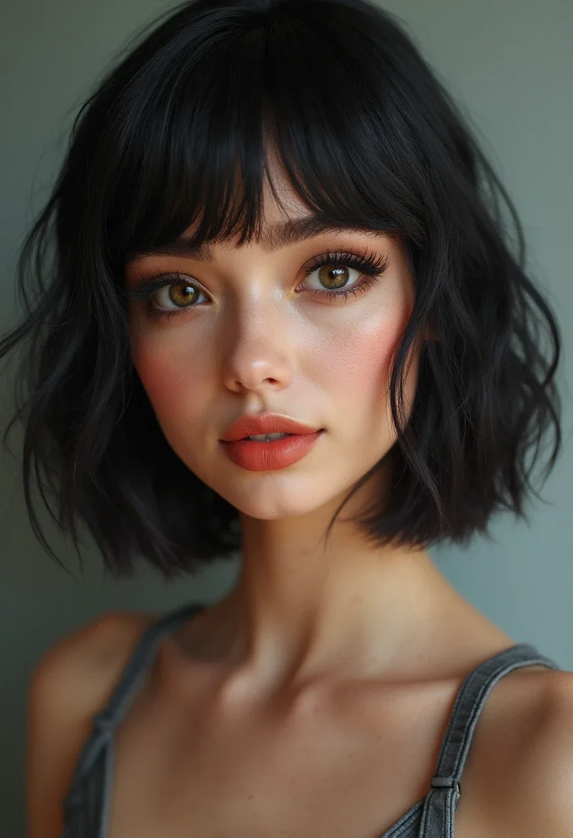 Chin-length bob with side part on a woman with a round face.