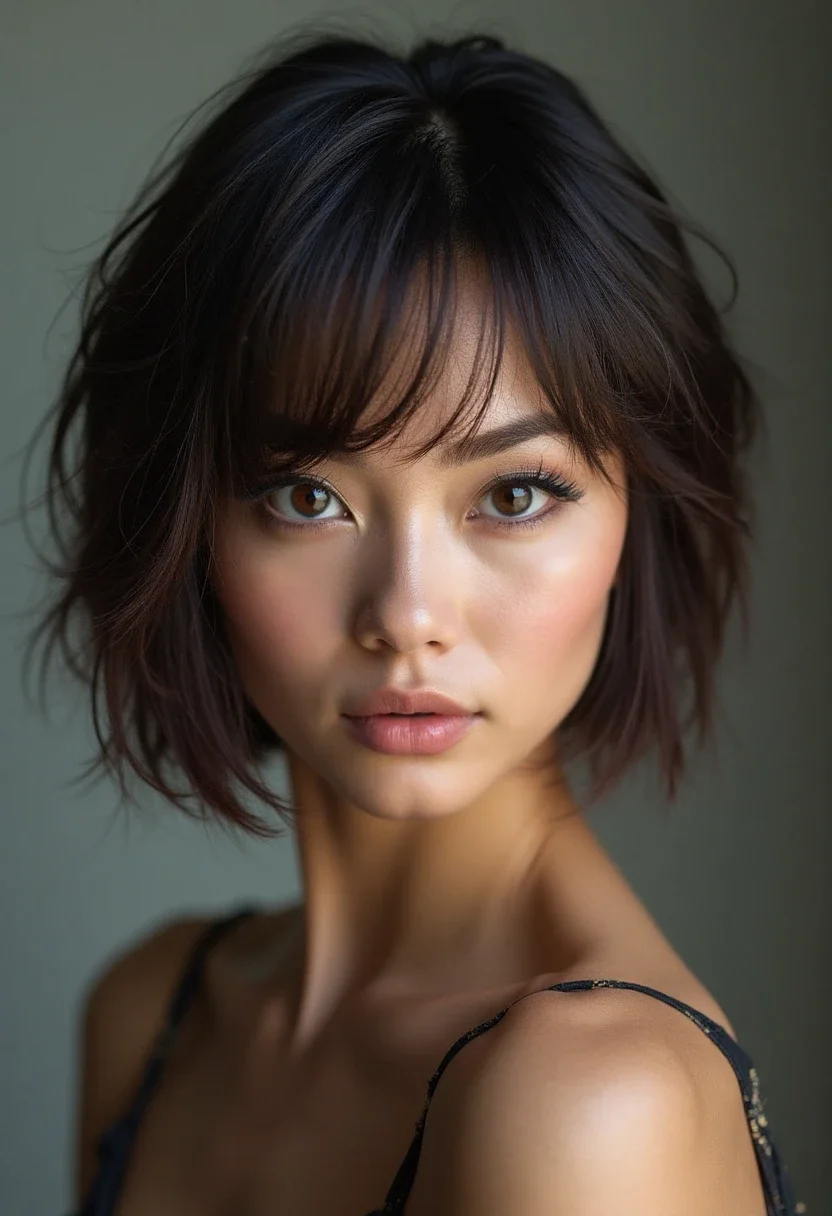 Stacked bob hairstyle on a round-faced woman.