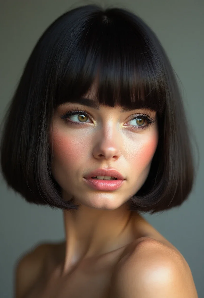 Bob with blunt bangs on a woman with a round face.