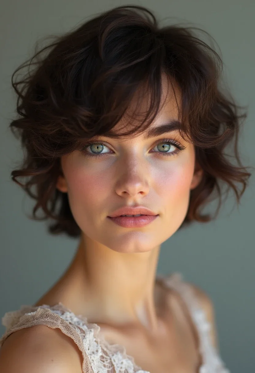 Tousled waves hairstyle on a round-faced woman.