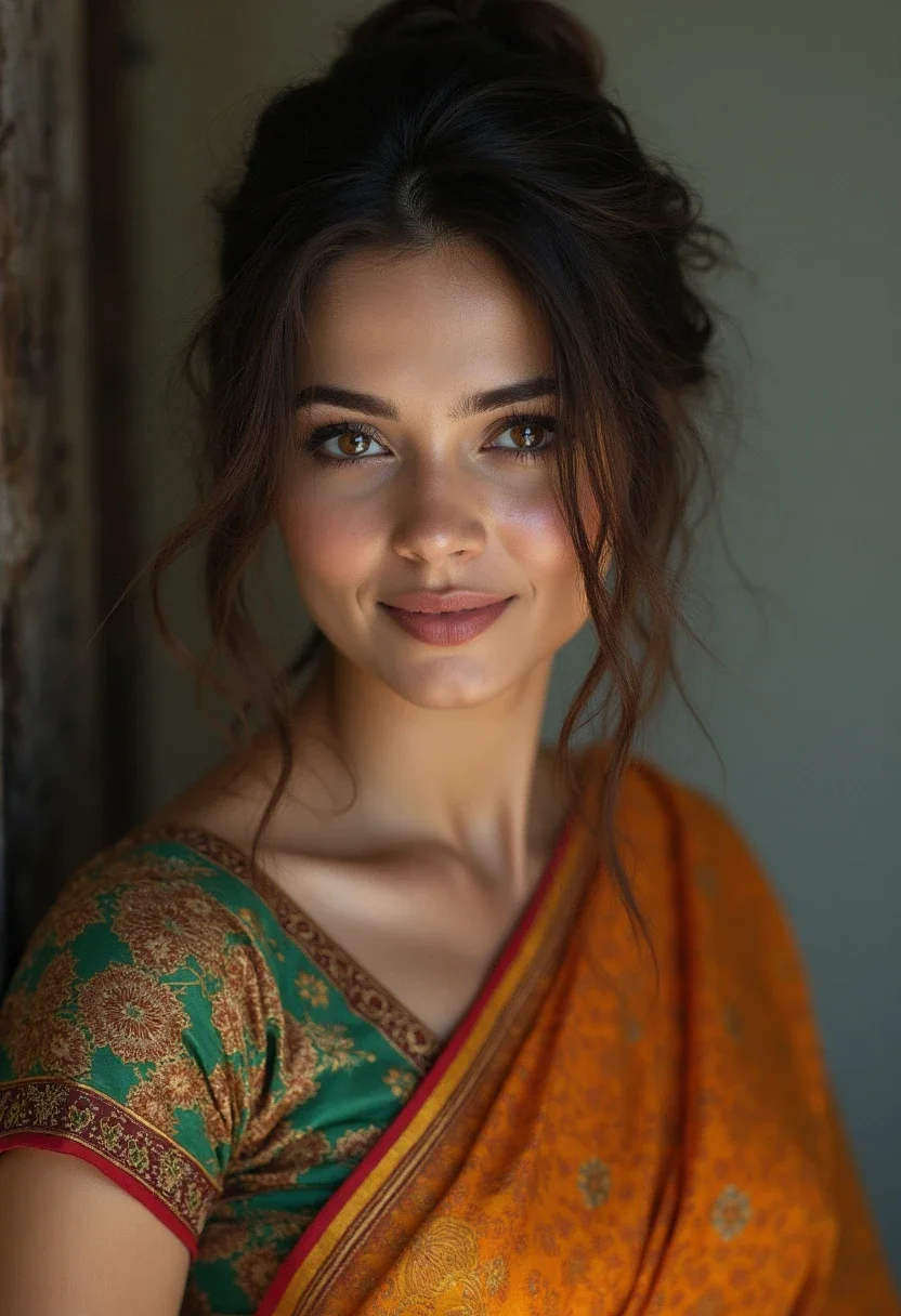 Woman in saree with messy low bun hairstyle.