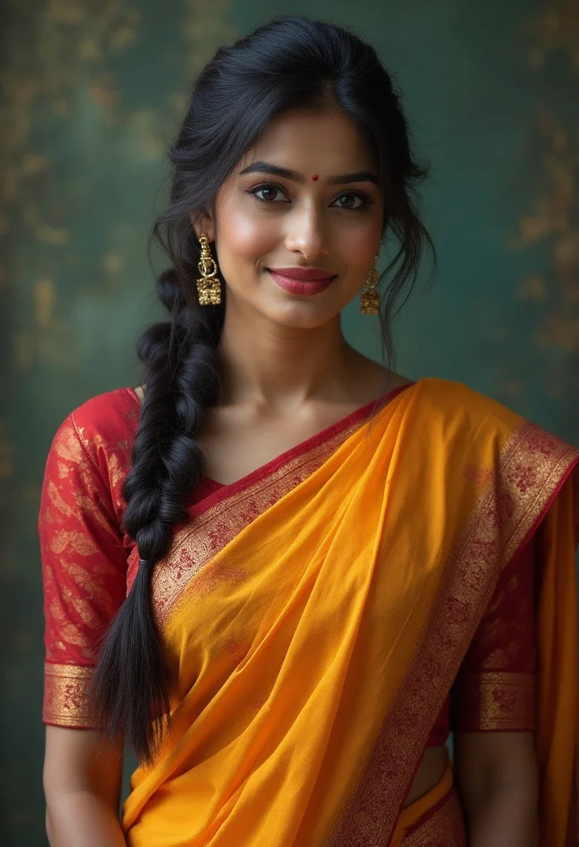 Woman in saree with side braid hairstyle.
