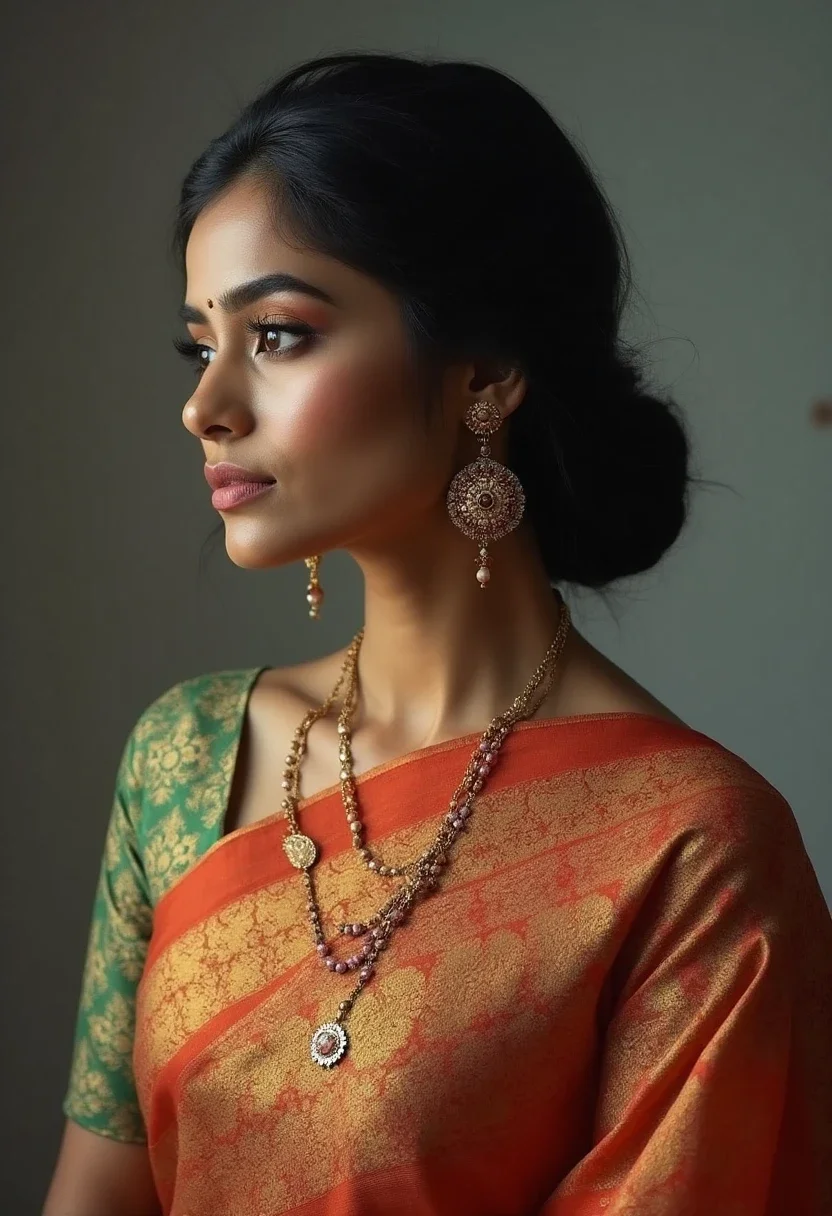 Woman in saree with twisted low bun hairstyle.