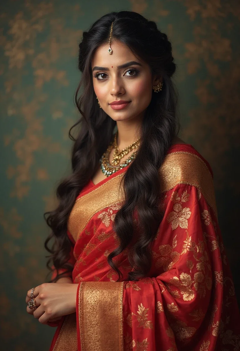 Woman in saree with braided crown hairstyle.