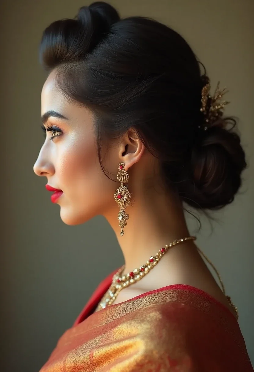 Woman in saree with French twist hairstyle.