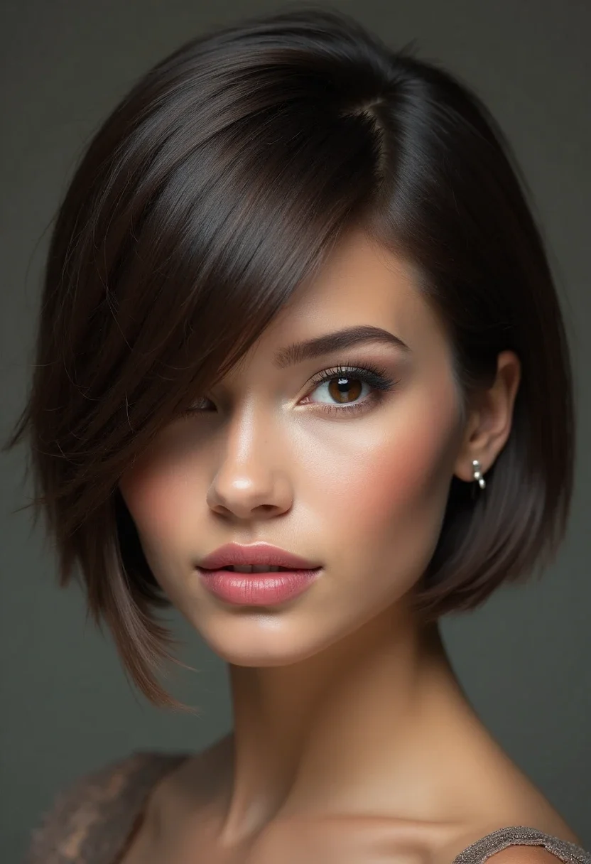 Sleek side-part hairstyle with shiny, straight hair