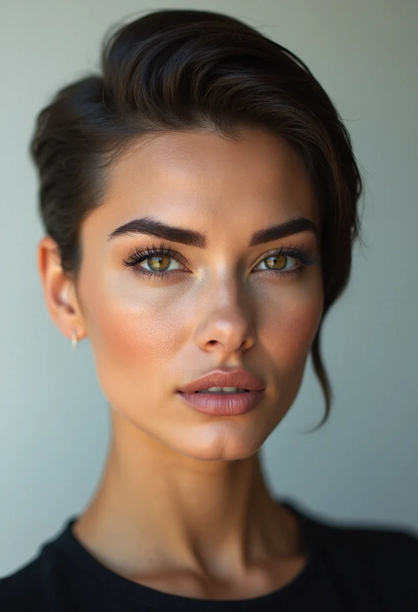 Slicked-back hairstyle with smooth, gelled hair