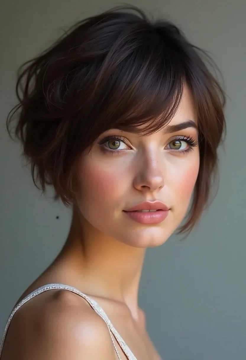 Side-swept bangs hairstyle with angled, flowing bangs