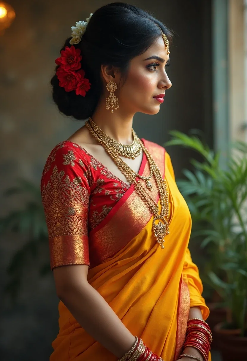 Woman in saree with classic bun and traditional jewelry.