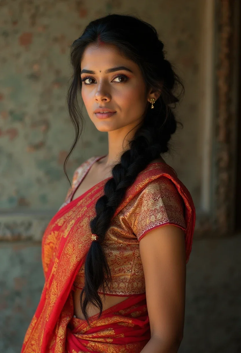 Woman in saree with a fishtail braid.