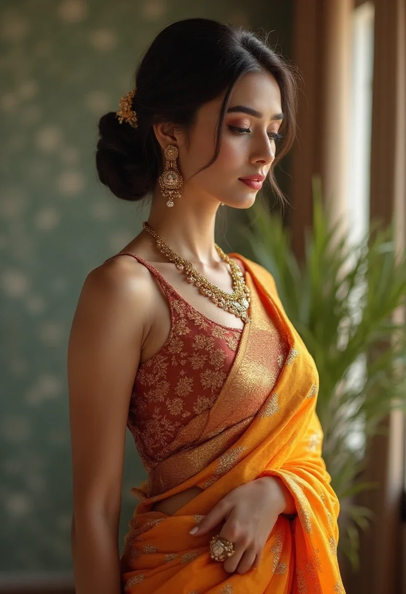 Woman in saree with chignon bun.