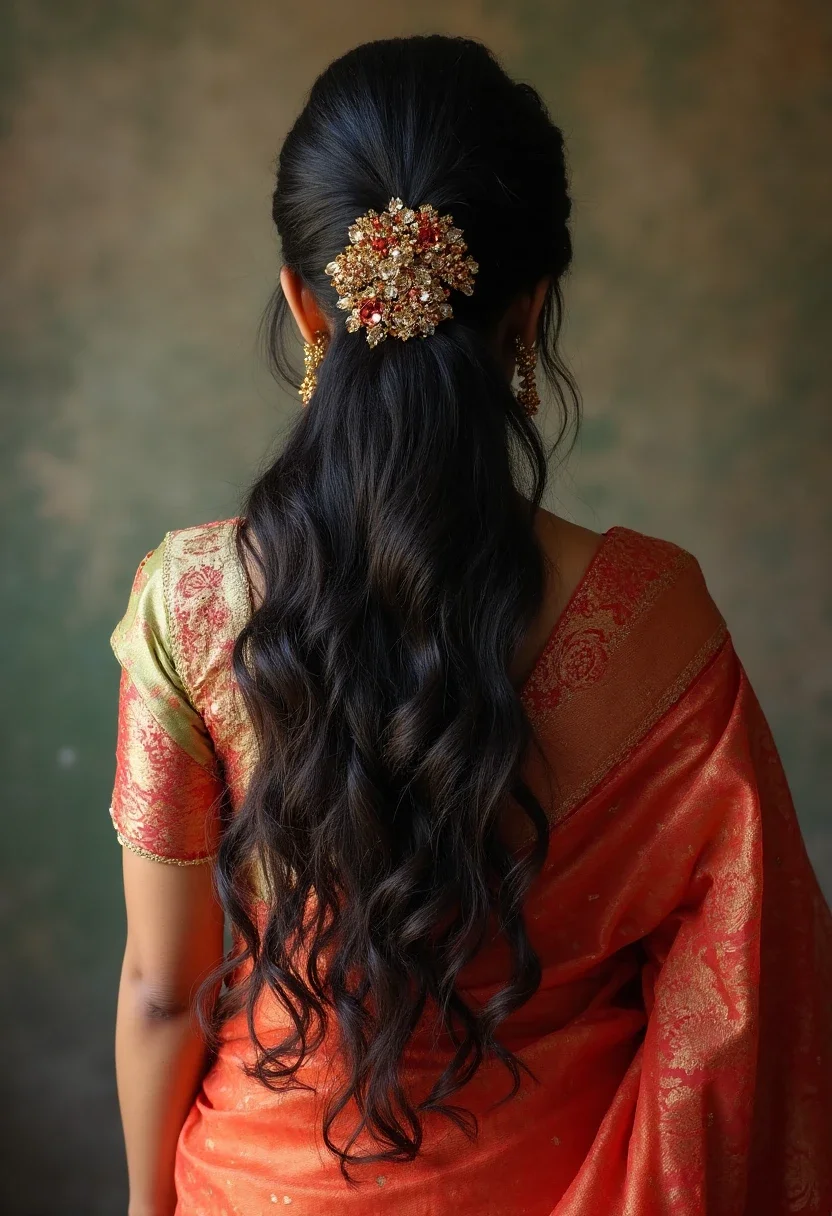 Woman in saree with half-up half-down hairstyle.