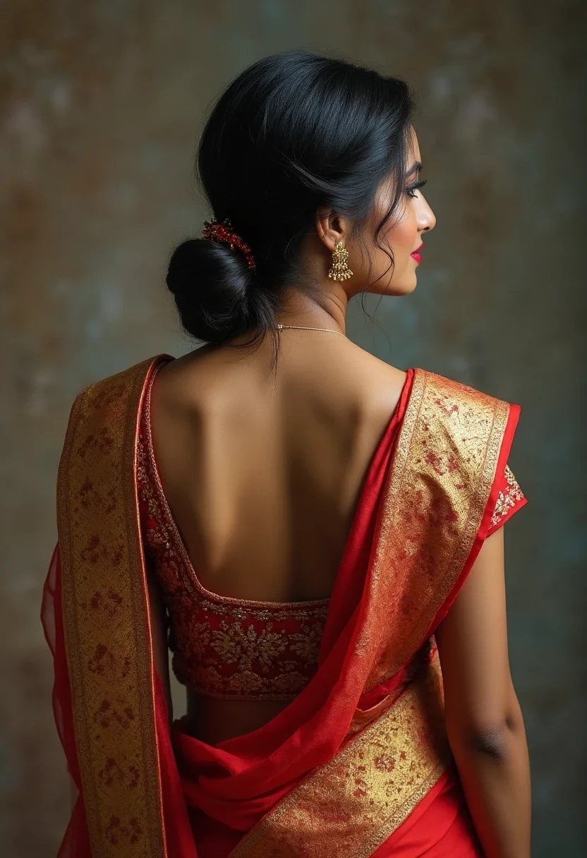 Woman in saree with a low twisted bun.