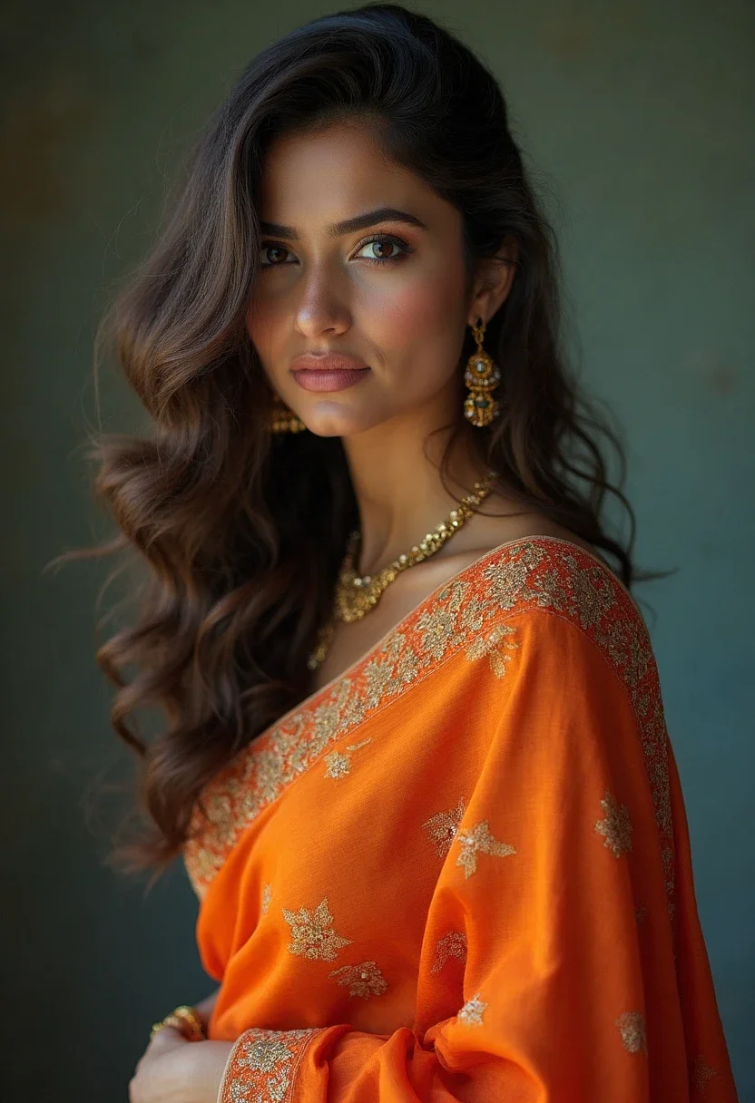 Woman in saree with side-swept curls.