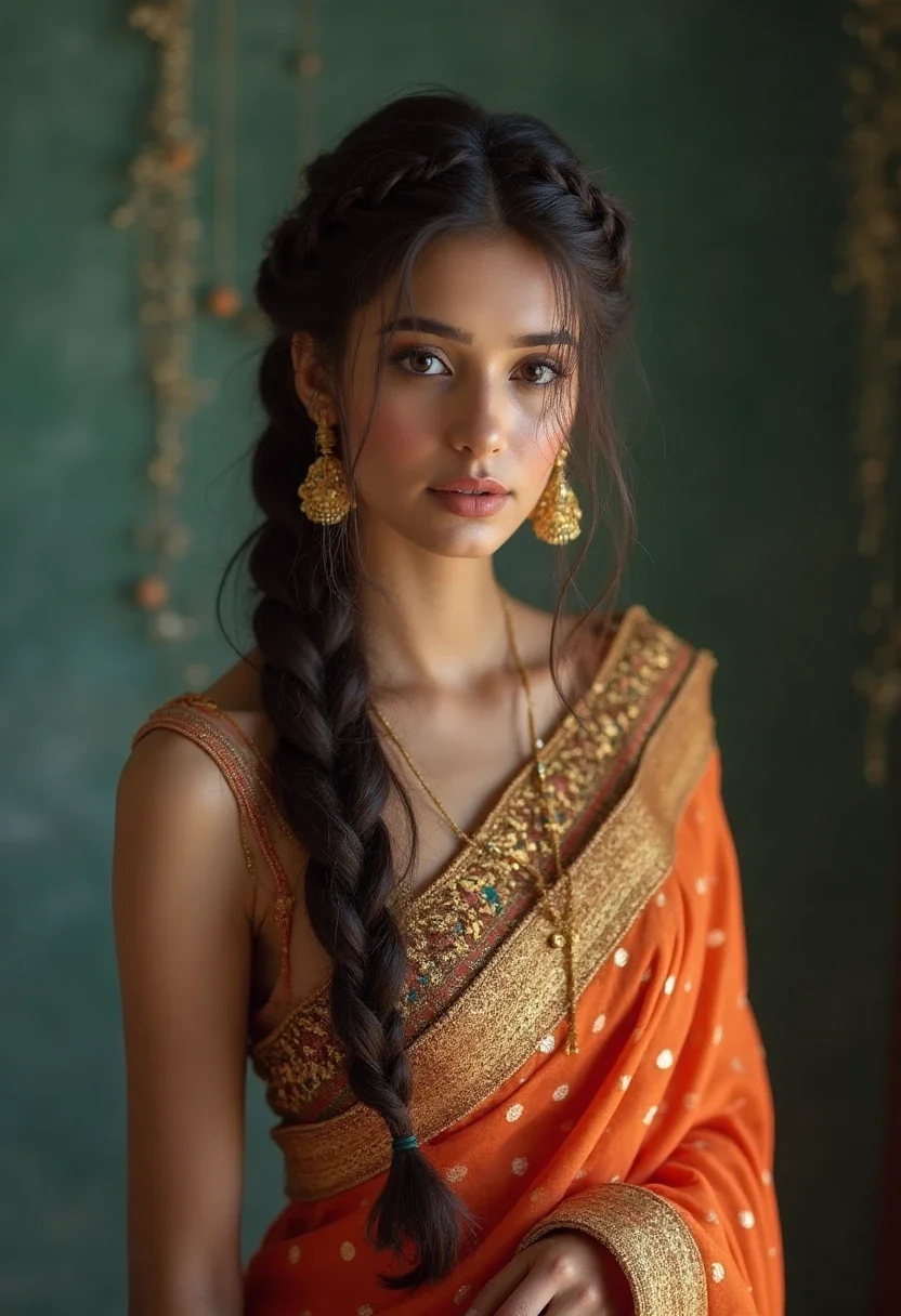 Woman in saree with a braided crown.