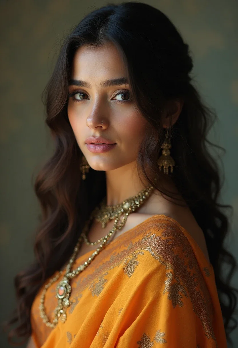 Woman in saree with loose waves.
