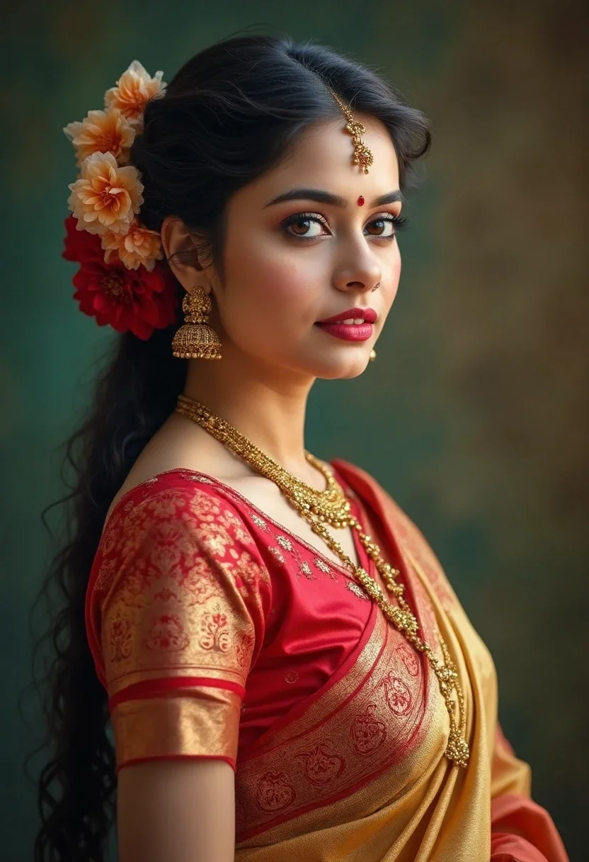 Woman in saree with gajra-adorned bun.