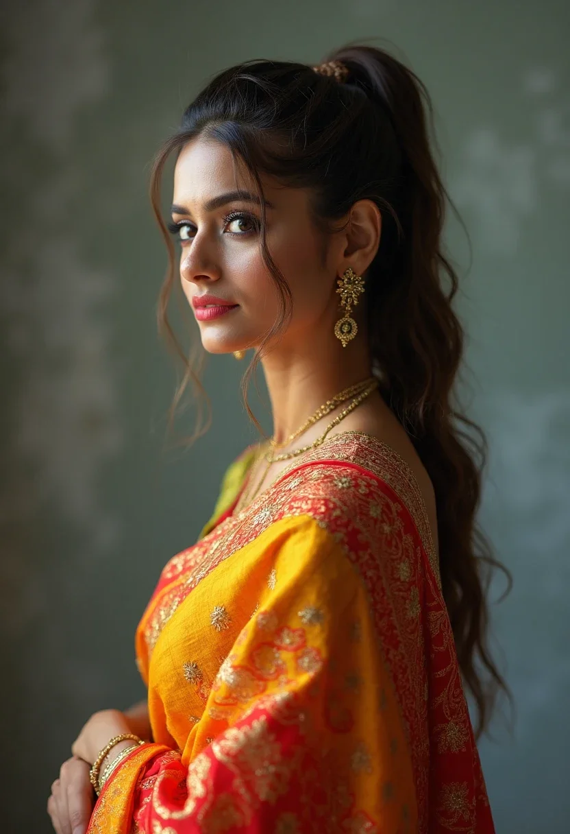 Woman in saree with high ponytail.