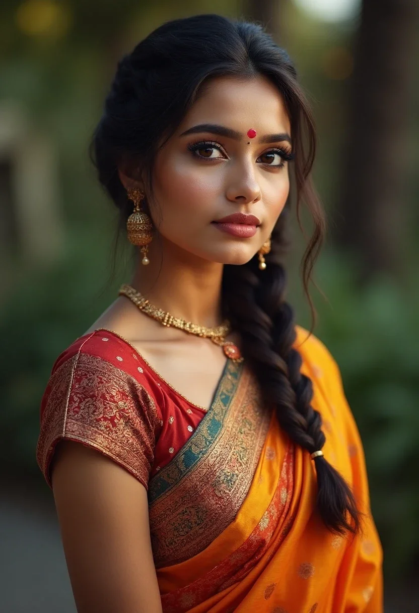 Woman in saree with Dutch braid.