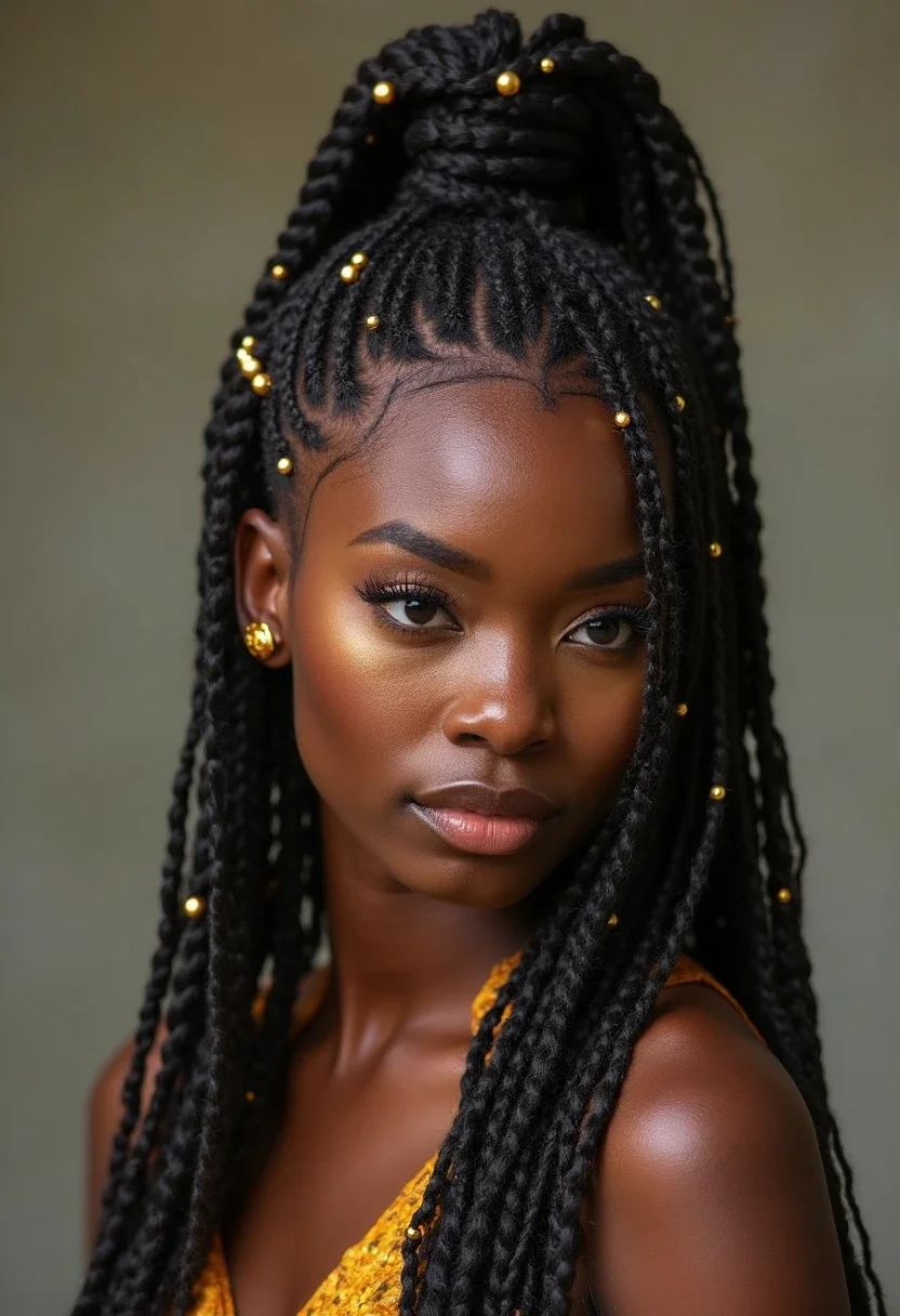 A woman with long box braids in a high ponytail, decorated with gold beads.