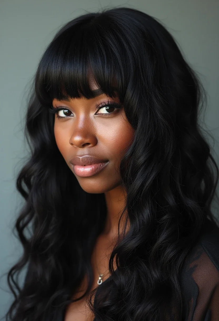 Textured weave with bangs, straight and wavy mix in rich black.
