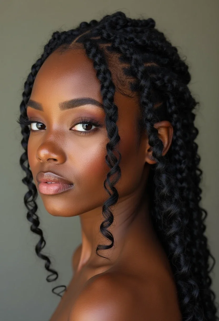 Braided weave combo with front cornrows and loose wavy extensions.
