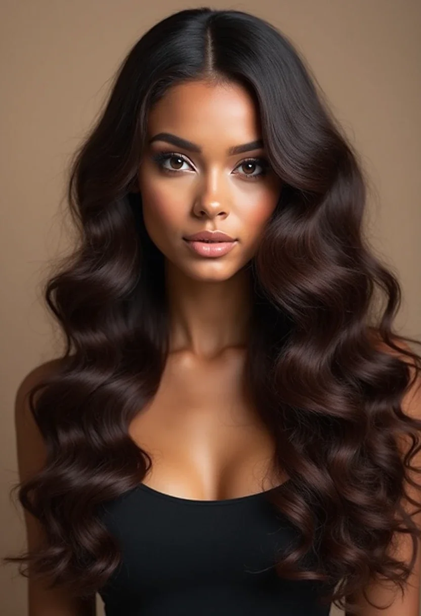 Glamorous full weave with long, loose curls in a deep brown color.
