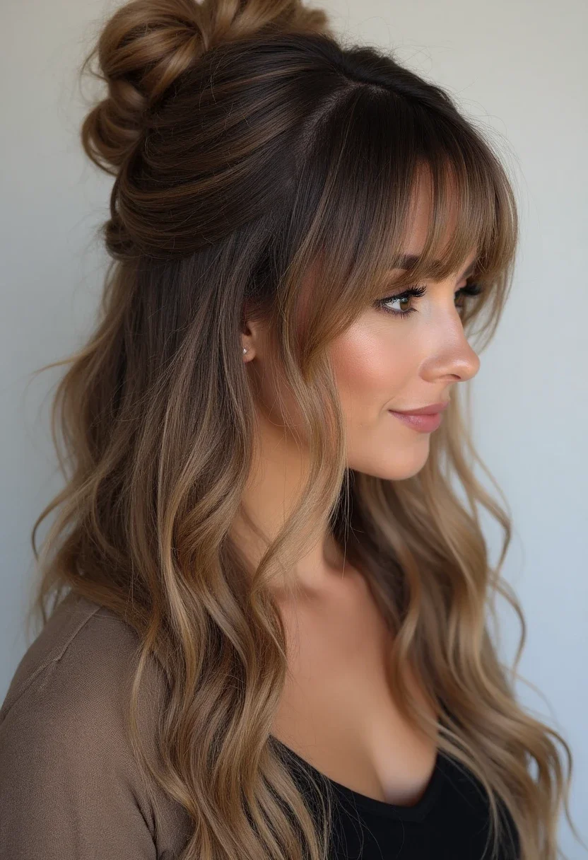 Woman with a half-up half-down style, sleek bun, and straight extensions.