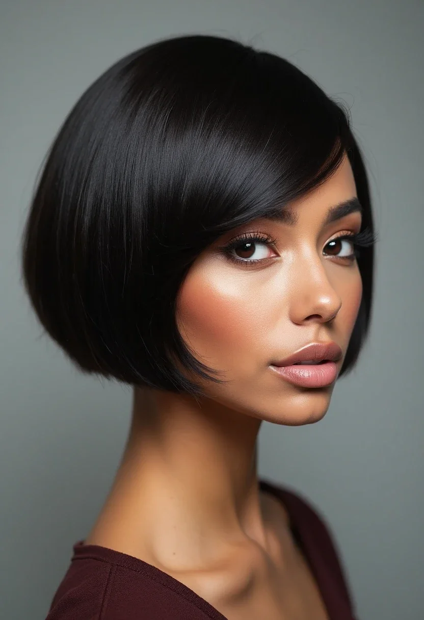 Stylish bob weave with angled cut and straight, sleek hair.
