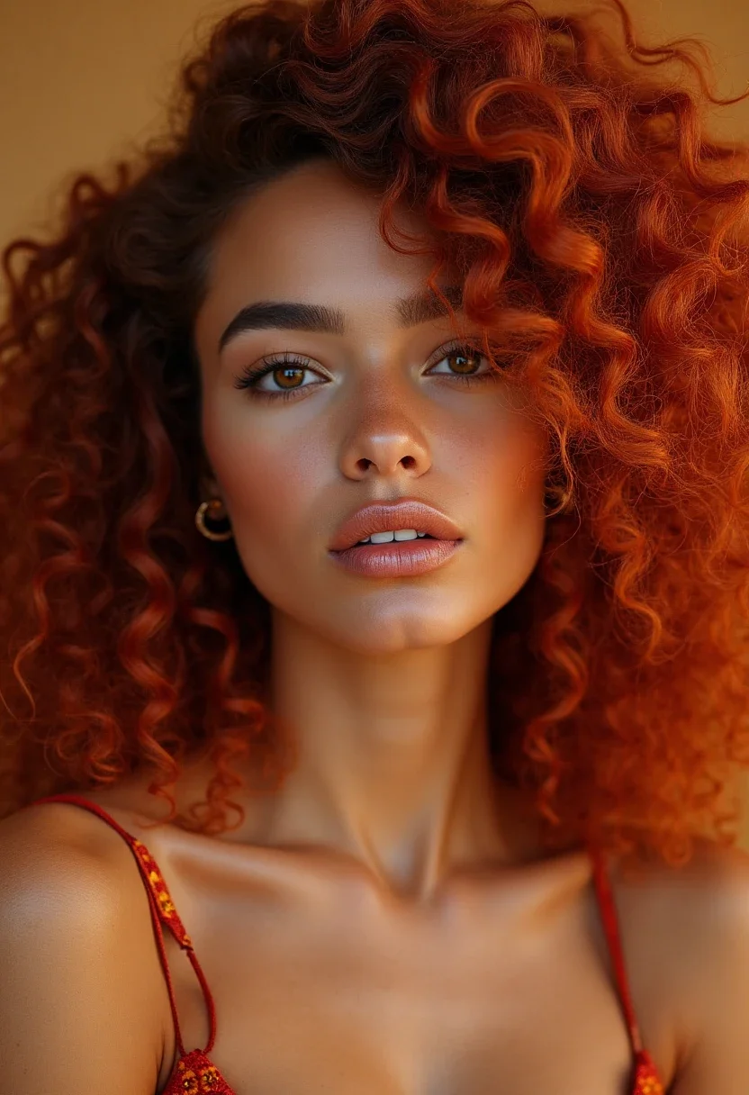 Model with bold, voluminous curly weave in vibrant auburn.