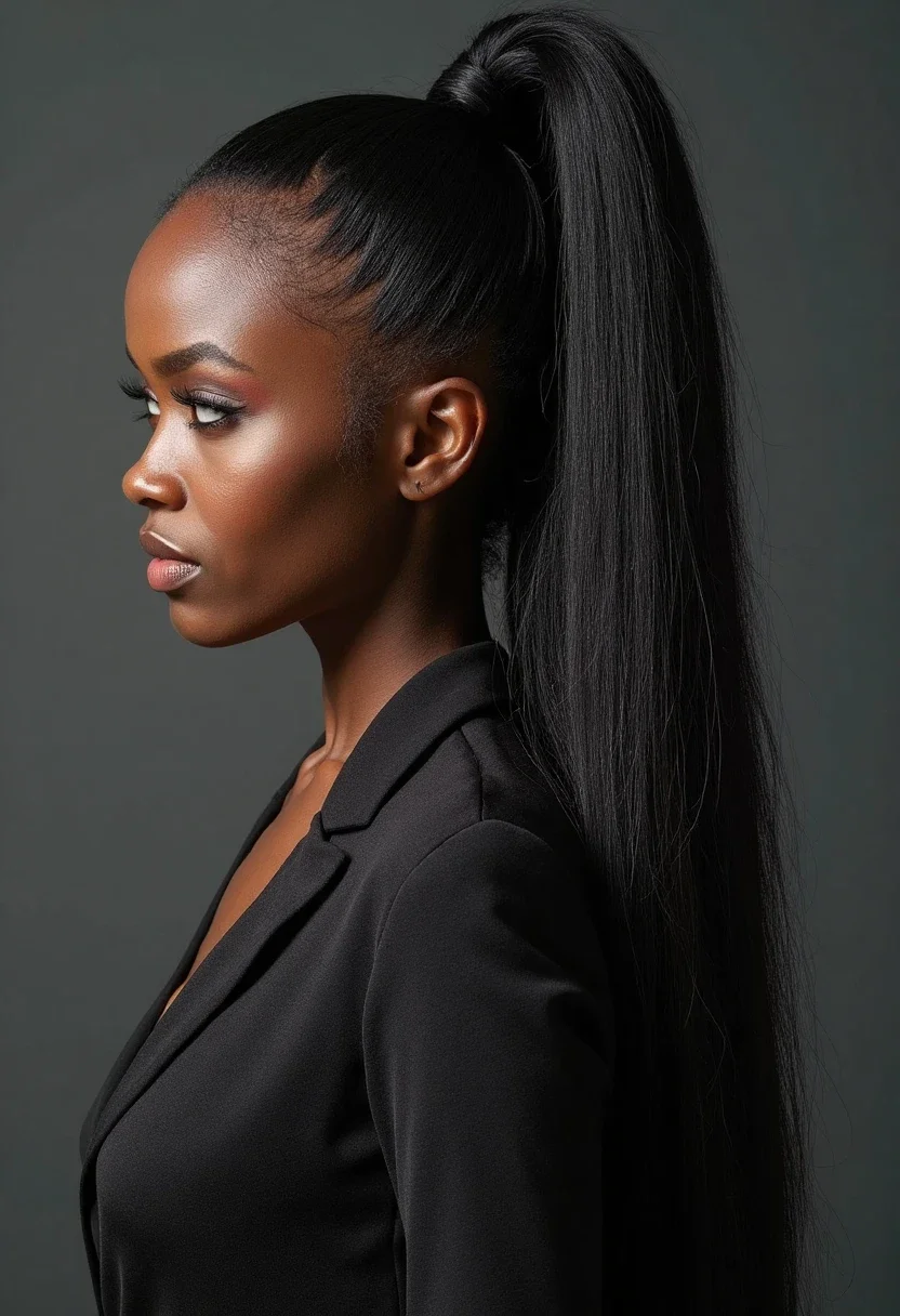 Sleek high ponytail weave with wrapped base in glossy black.