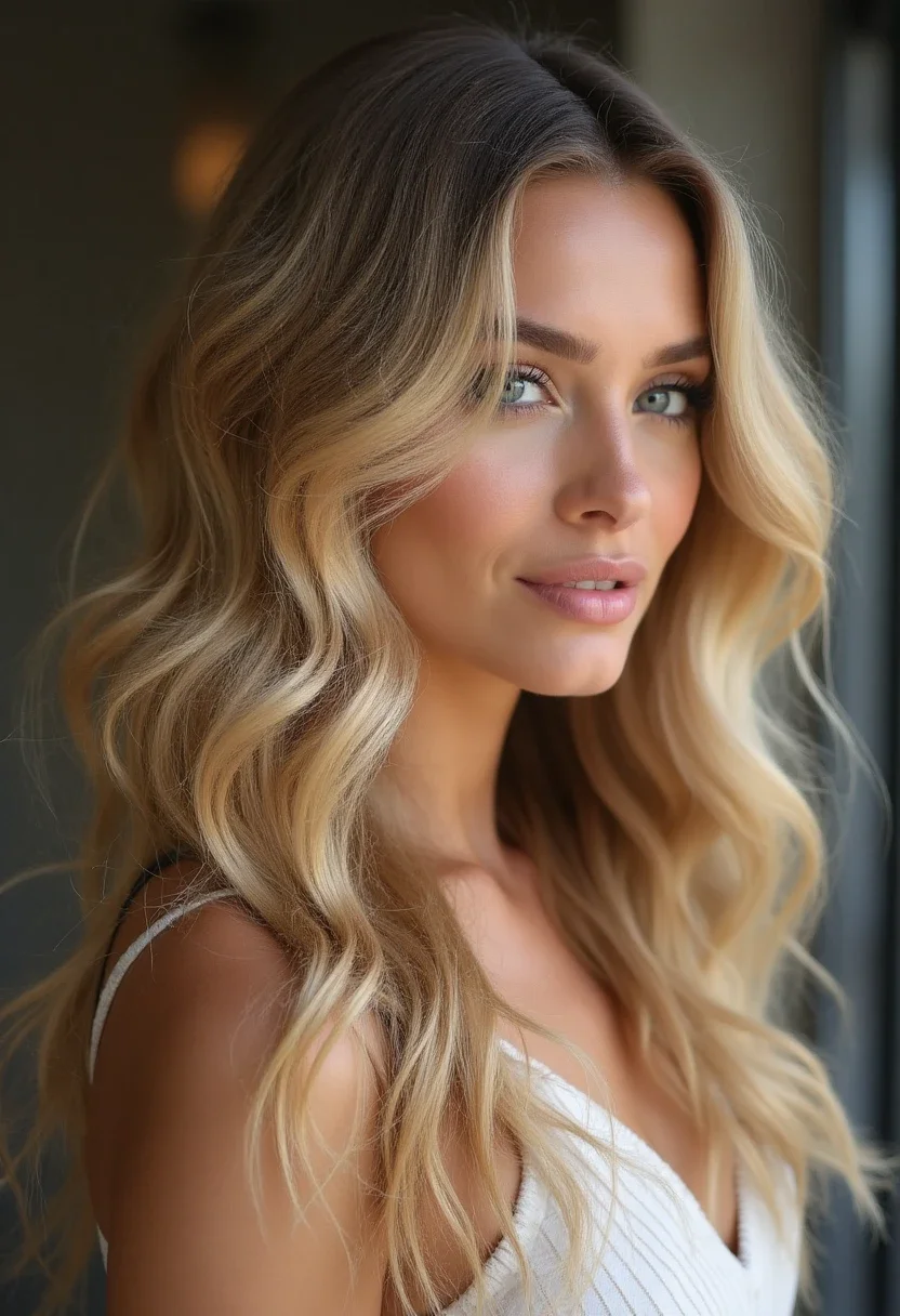 Woman with wavy weave hairstyle, soft waves in honey blonde.