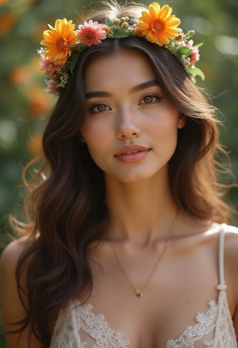 Romantic loose waves hairstyle for medium-length hair with floral accessory