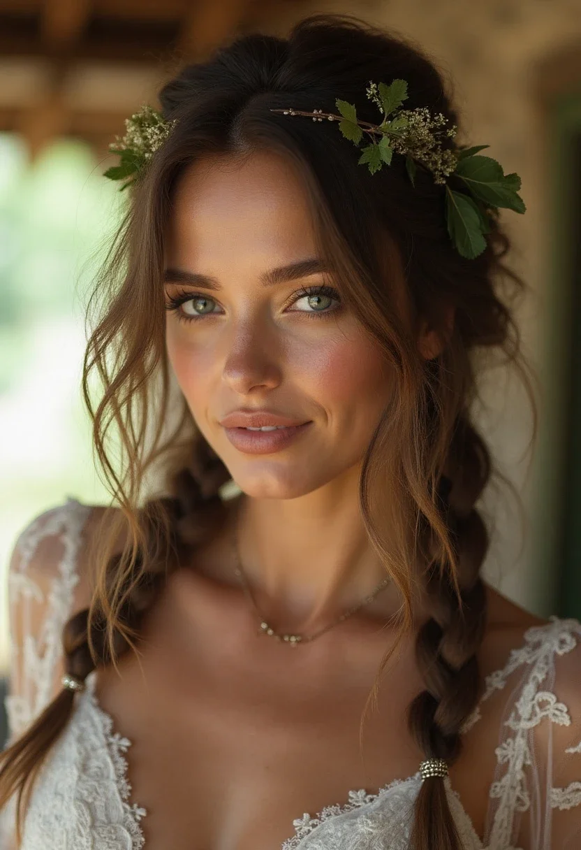 Bohemian braids hairstyle for medium-length hair with leafy accessories