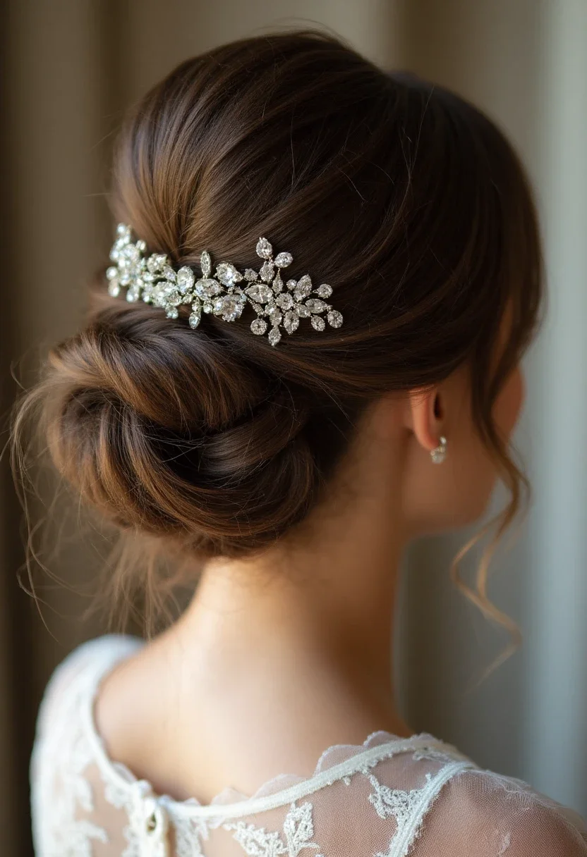 Classic French twist hairstyle for medium-length hair with crystal hairpins