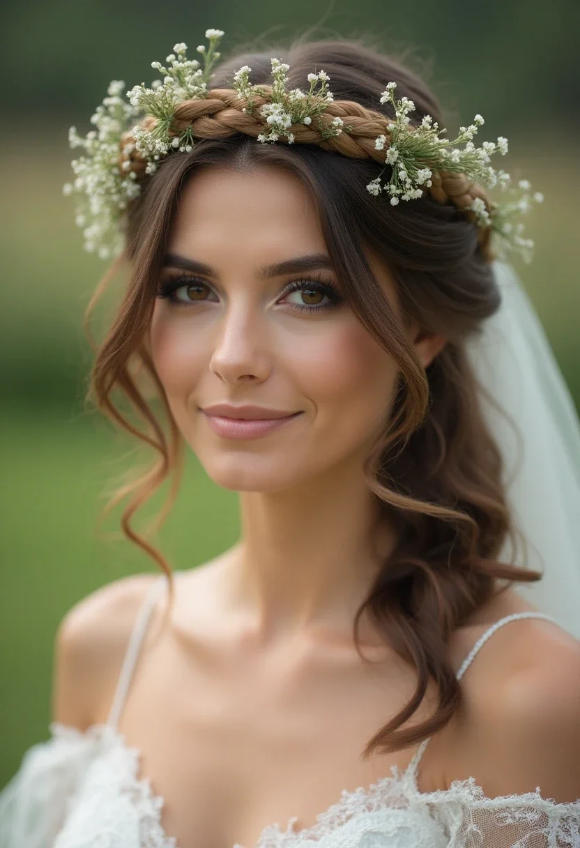 Braided crown hairstyle for medium-length hair with floral accents