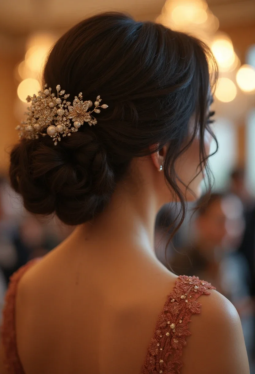 Elegant low bun hairstyle for medium-length hair with decorative comb