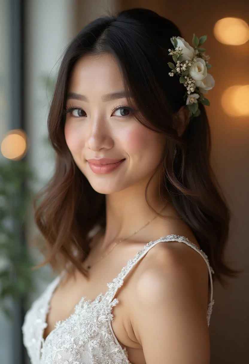 Sleek straight hairstyle for medium-length hair with statement accessory