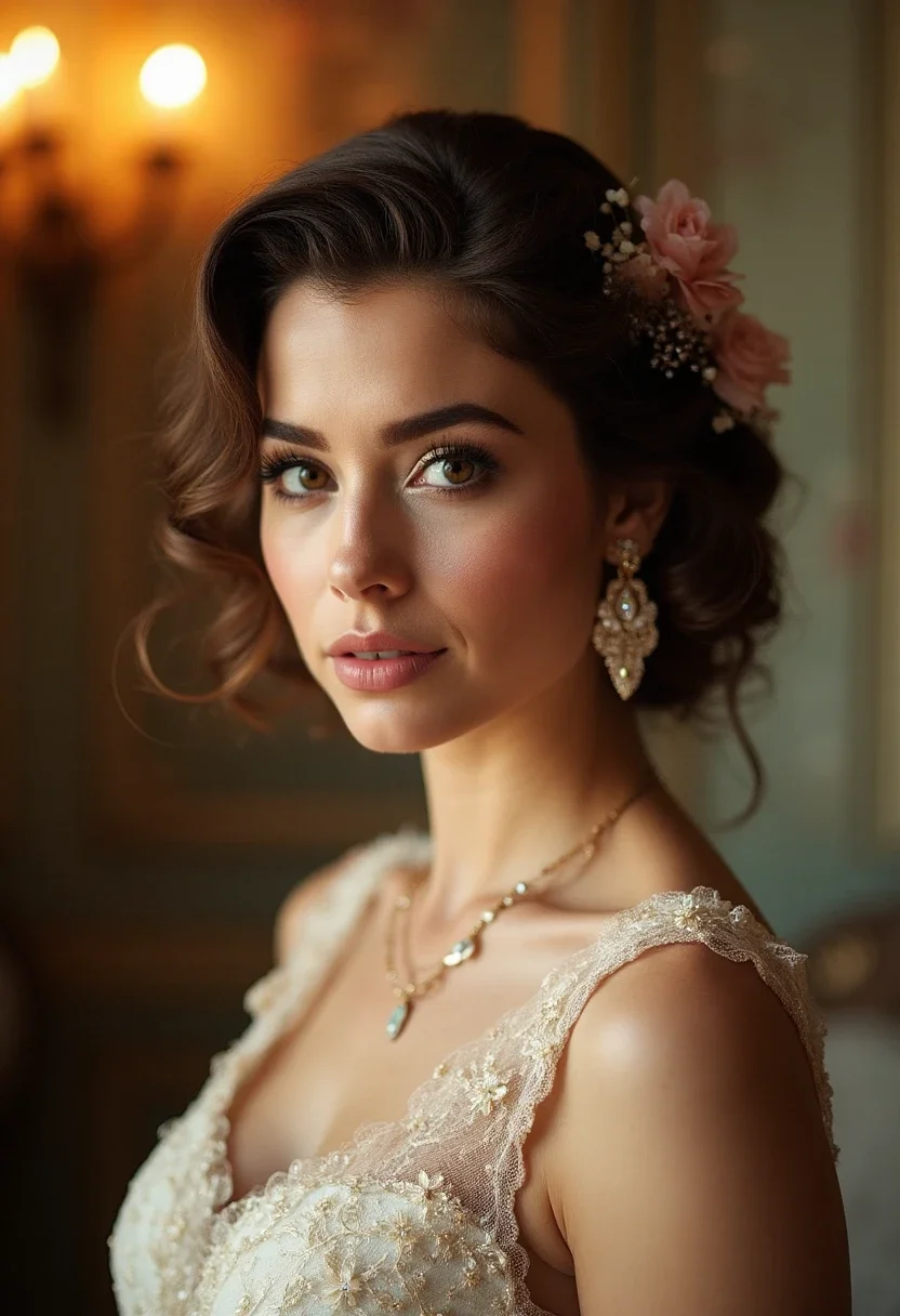 Vintage glam curls hairstyle for medium-length hair with vintage accessories