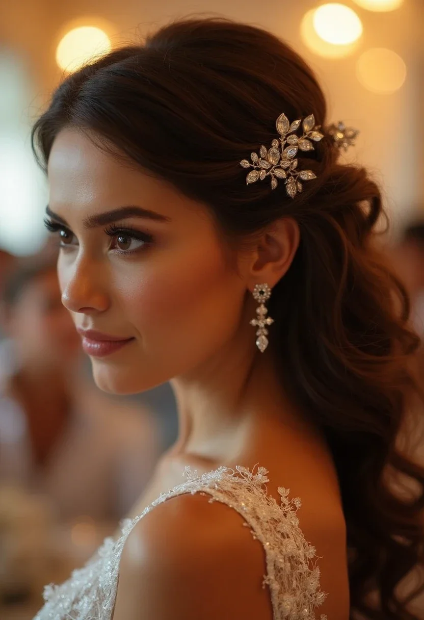 Side-swept curls hairstyle for medium-length hair with decorative hairpin