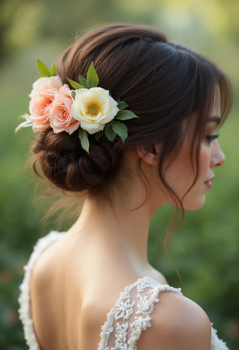 Messy bun hairstyle for medium-length hair with fresh flowers