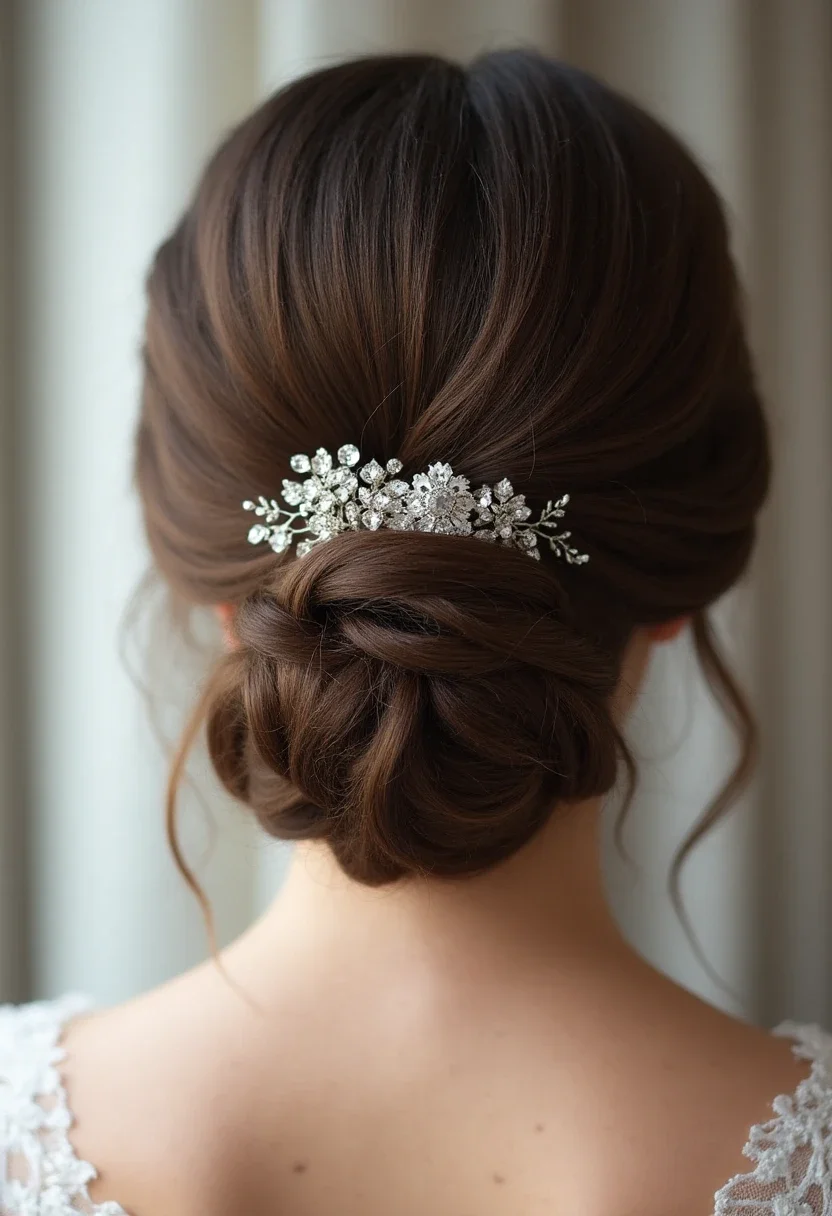 Bride with a classic chignon and hairpin.