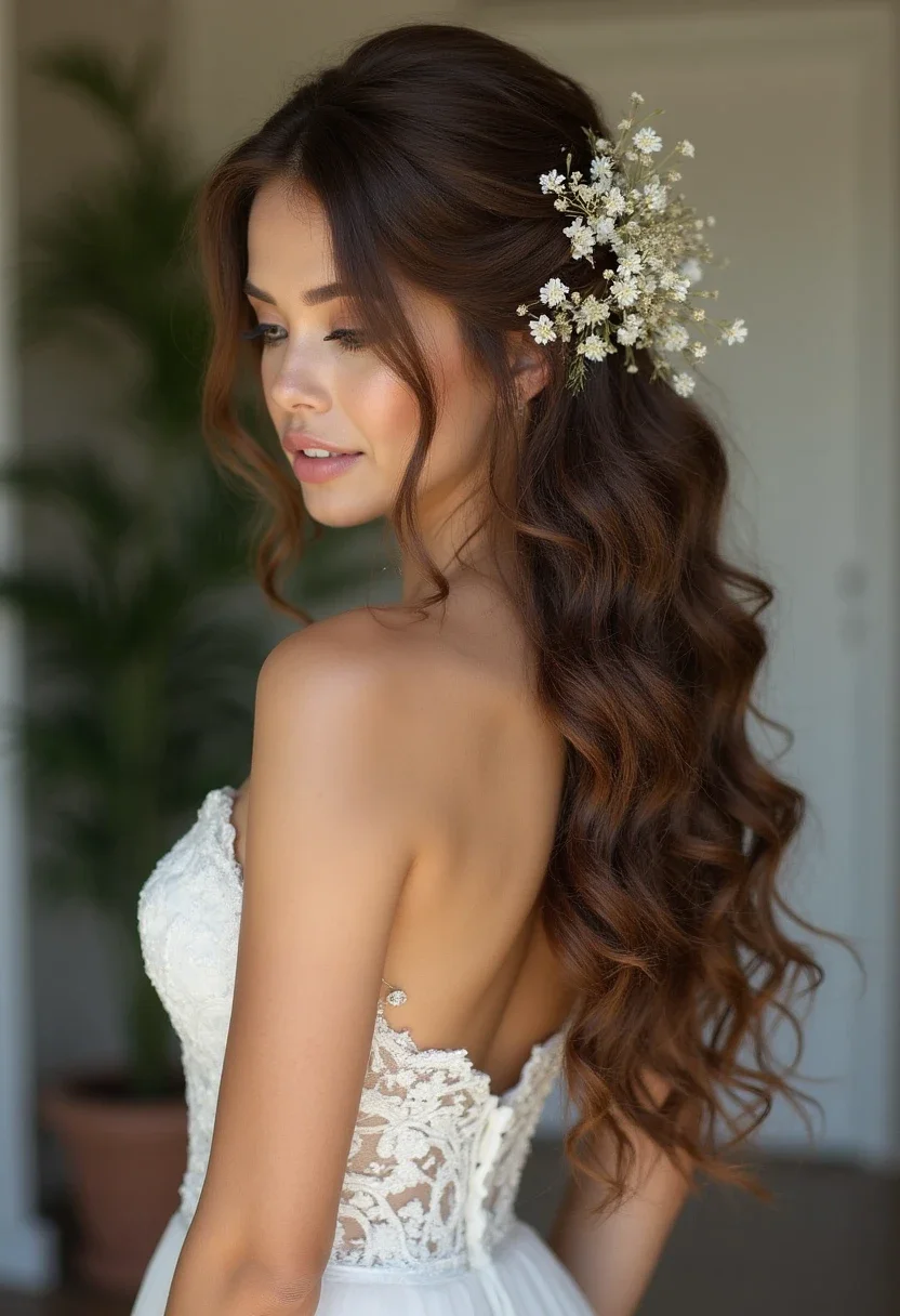 Bride with romantic loose waves and floral accessory.
