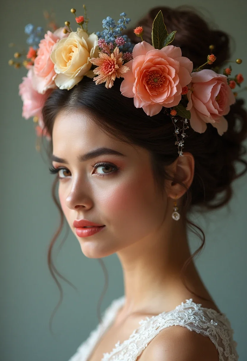 Bride with a floral crown updo.